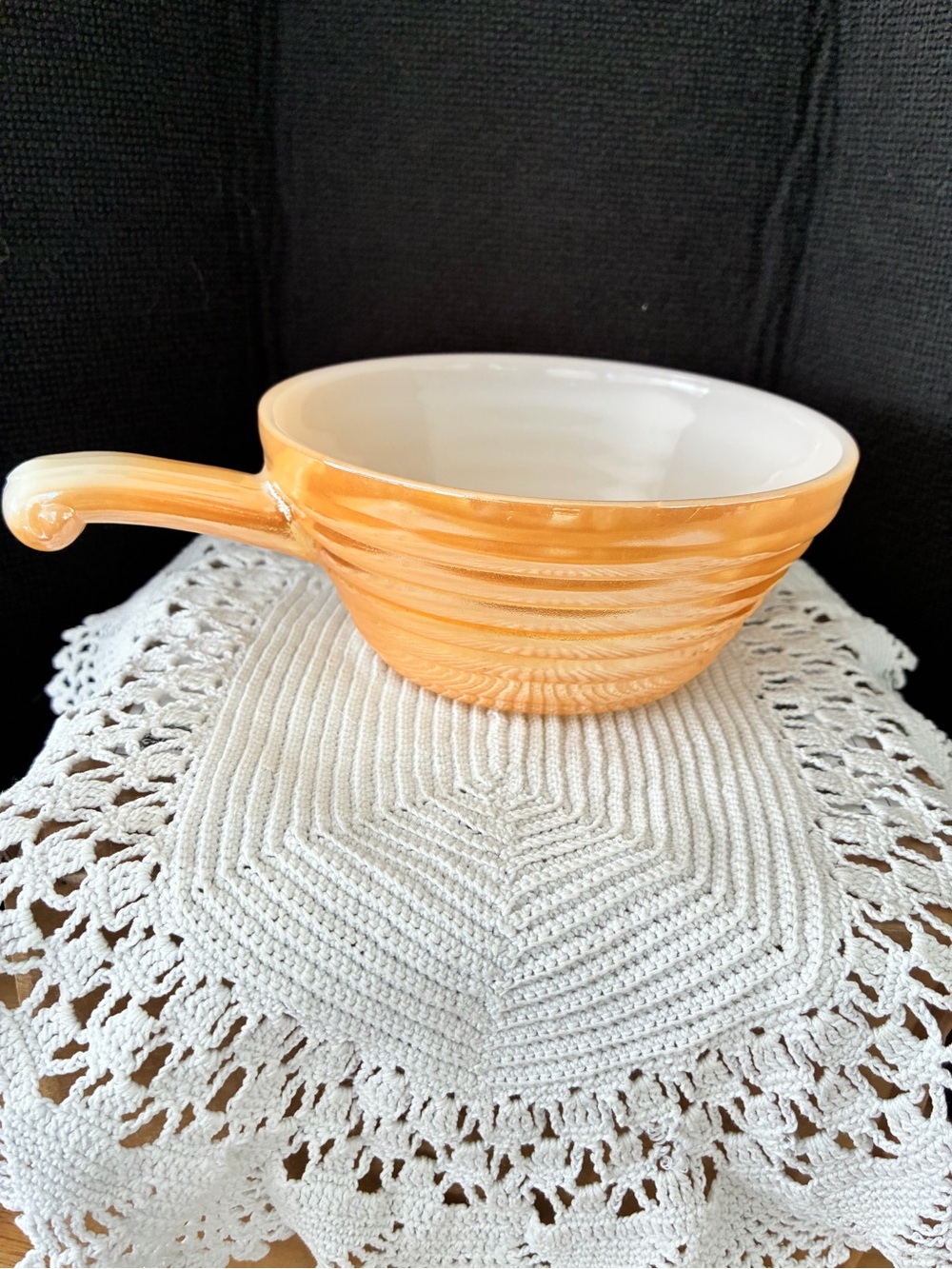 Fire King peach luster Ceramic Handle Soup Bowl